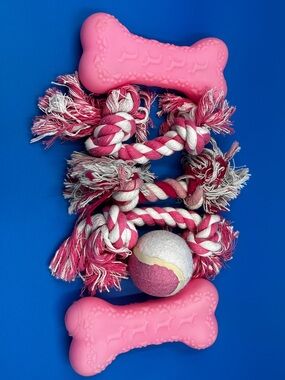 Pink Dog Toy Bundle - Rope, Tennis Ball & Bone Chews